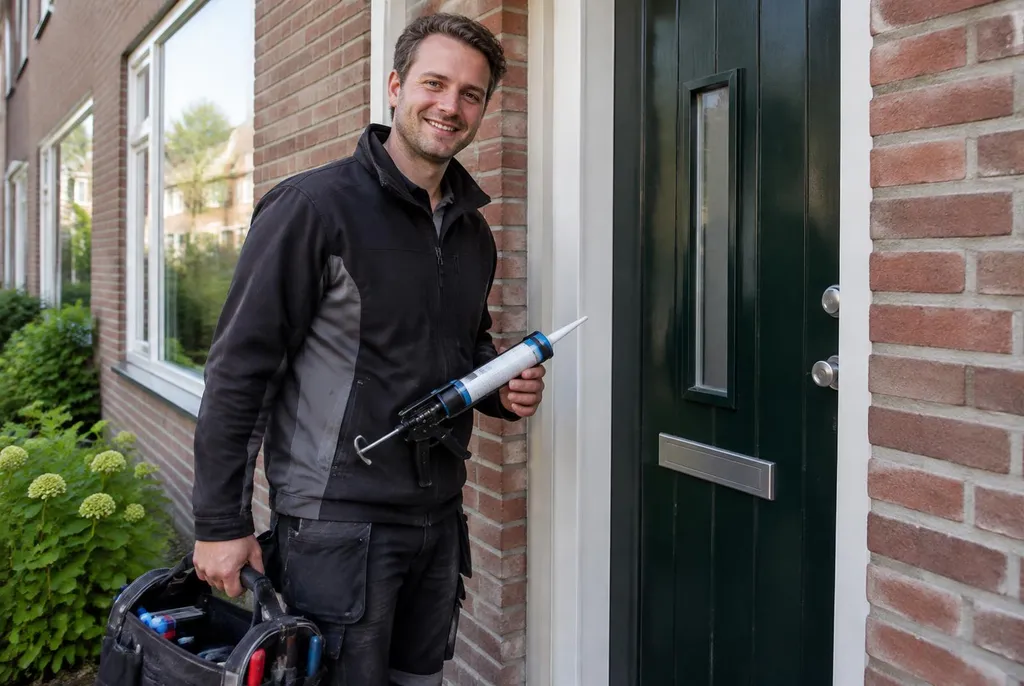 Vakman van Kitbedrijf Nieuw-Vennep bij de voordeur van een woning
